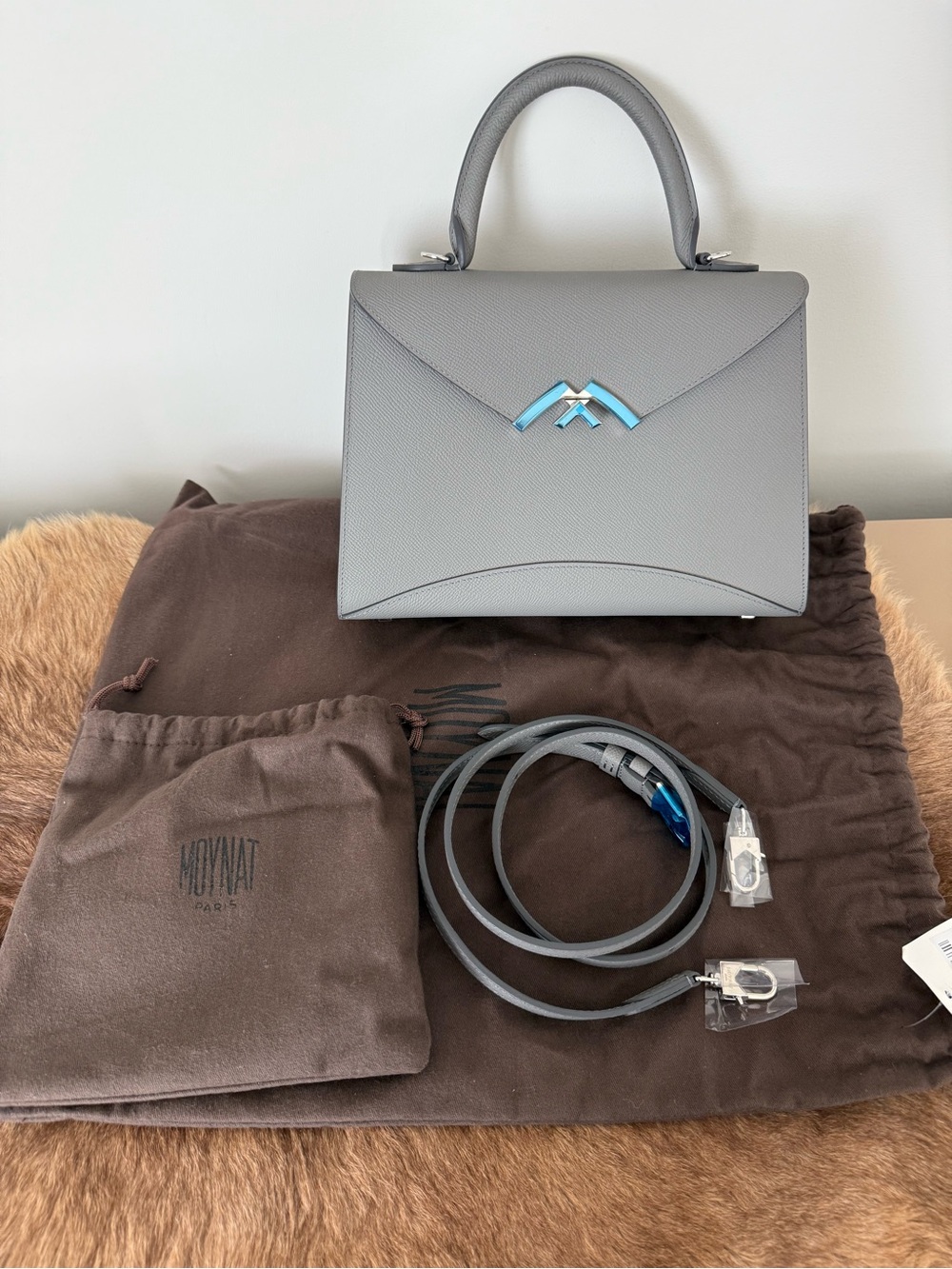 Moyna Gray Top-Handle Satchel with Blue Logo Accent